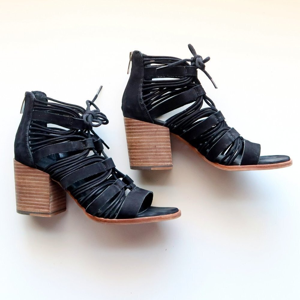 Vince Camuto Black Suede Leather Strappy Cutout Block Heel Sandals Bootie Shoes